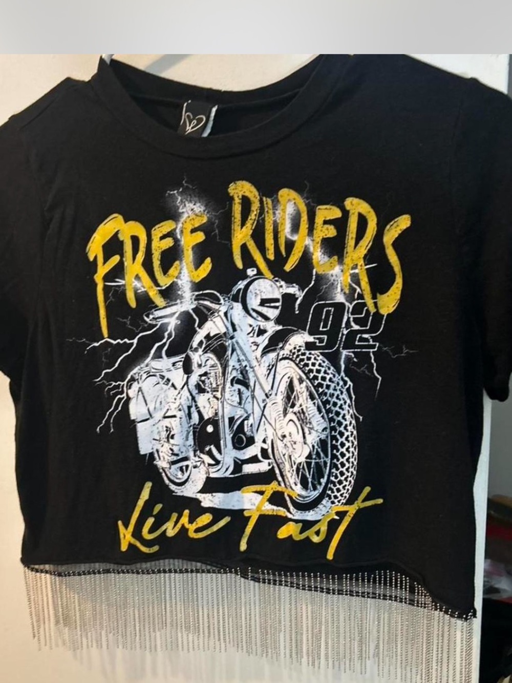 Black "Free Riders" Graphic Fringe Crop Top - Women’s size Medium